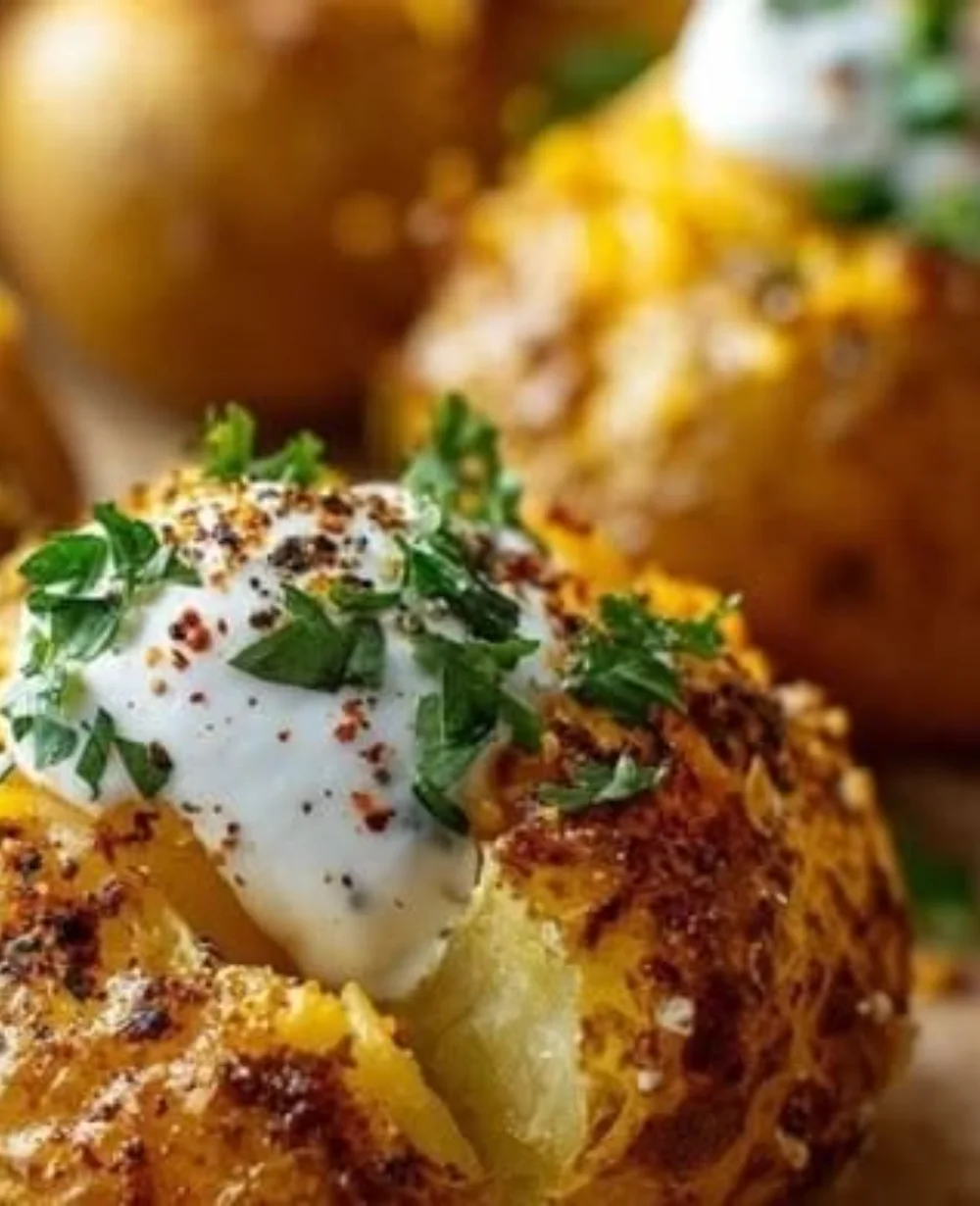 Plate of mini baked potatoes topped with sour cream and herbs