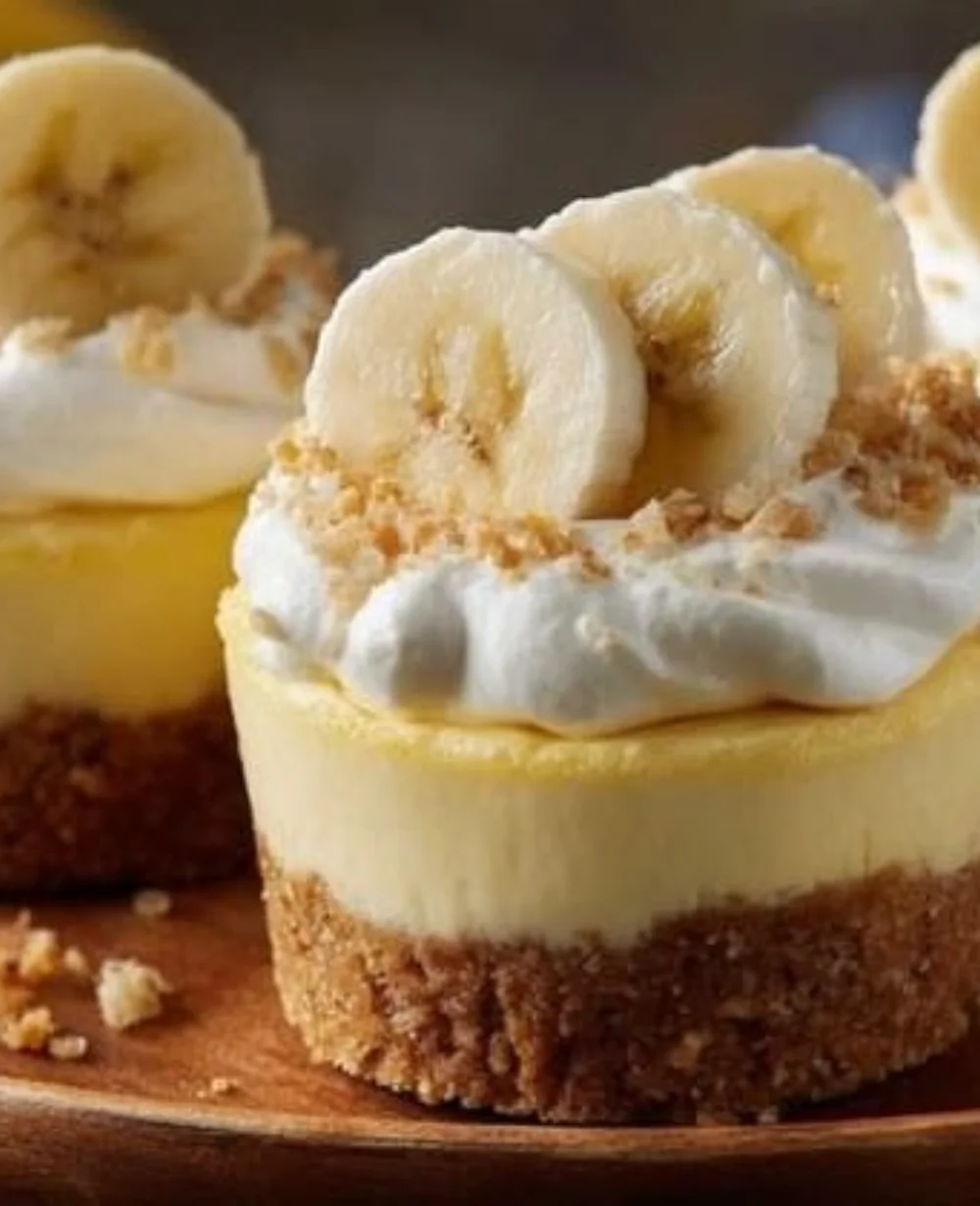 Mini banana cream pie cups topped with whipped cream and banana slices