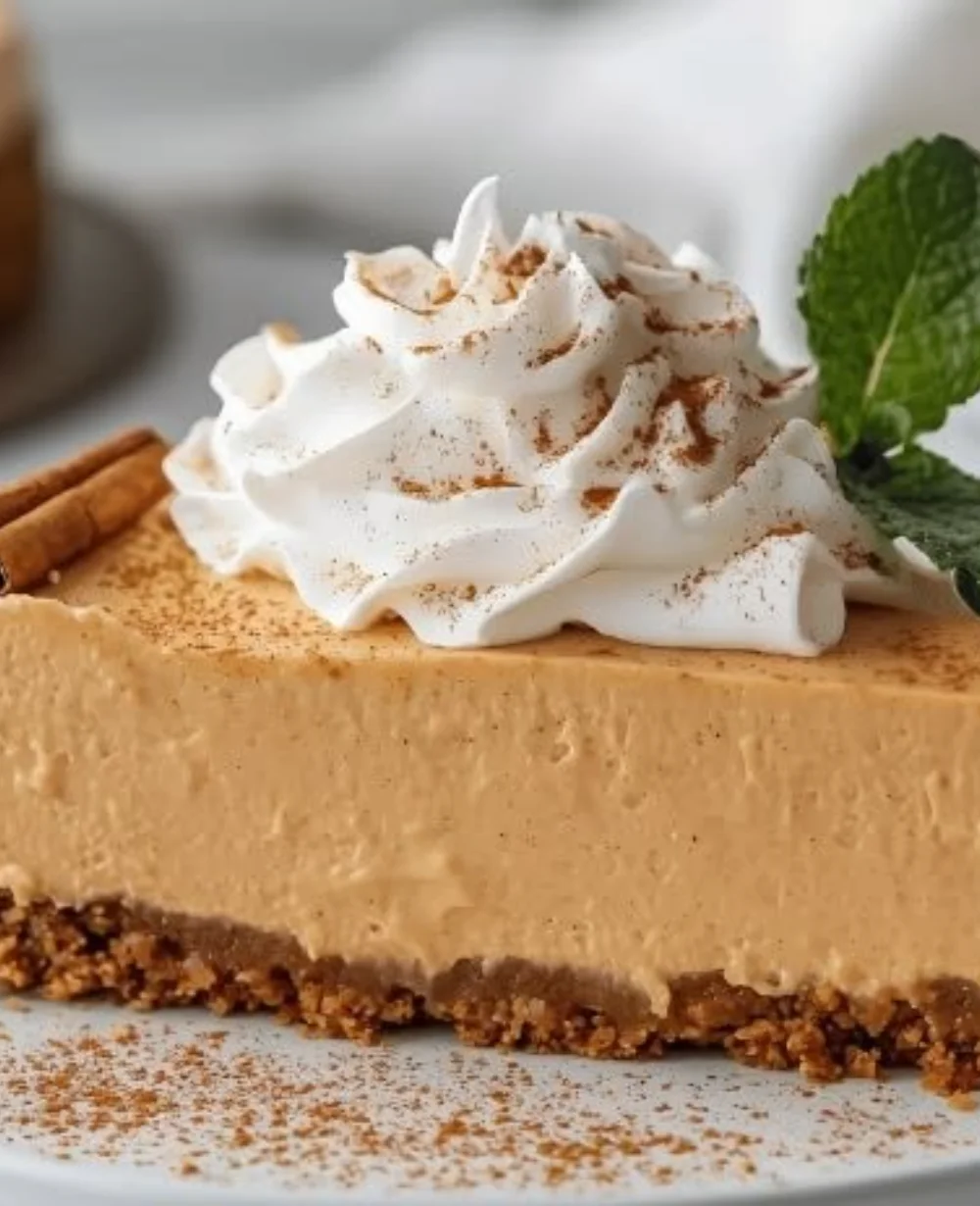 Delicious no bake pumpkin cheesecake topped with whipped cream and spices