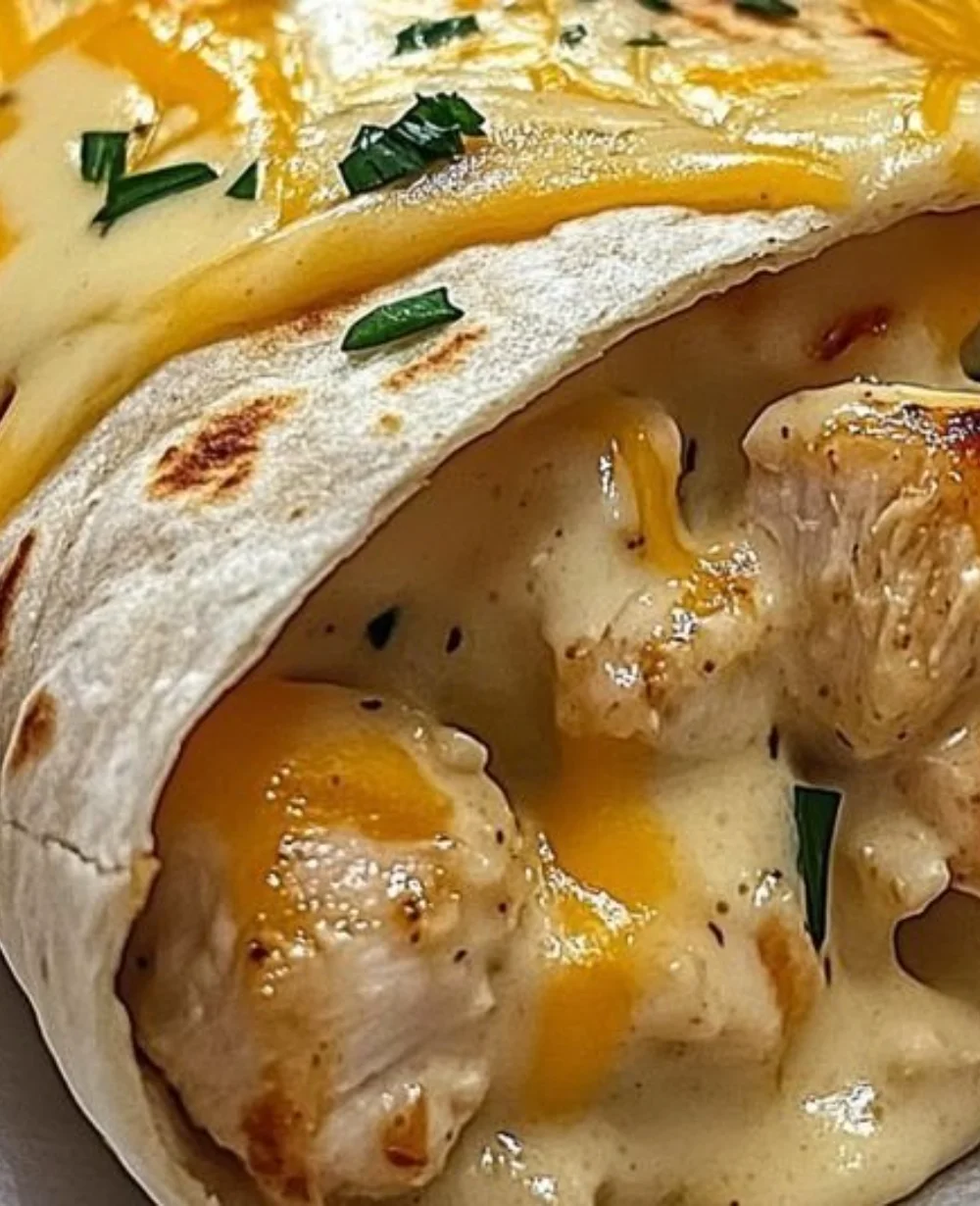 Delicious cheesy garlic chicken wraps stacked on a plate, ready to enjoy.