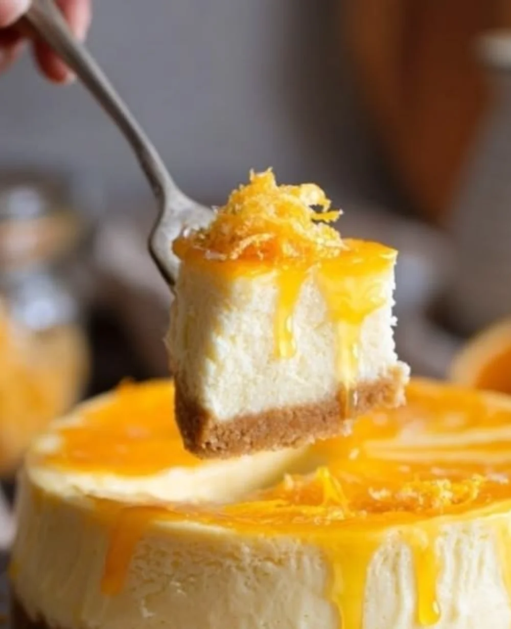 Slice of delicious Orange Creamsicle Cheesecake topped with fresh orange zest.