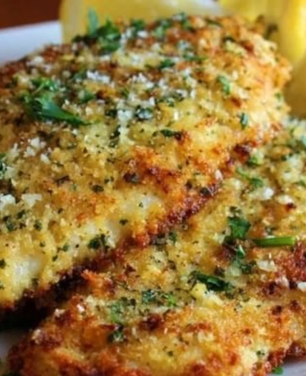 Parmesan Crusted Tilapia served on a plate, garnished with lemon