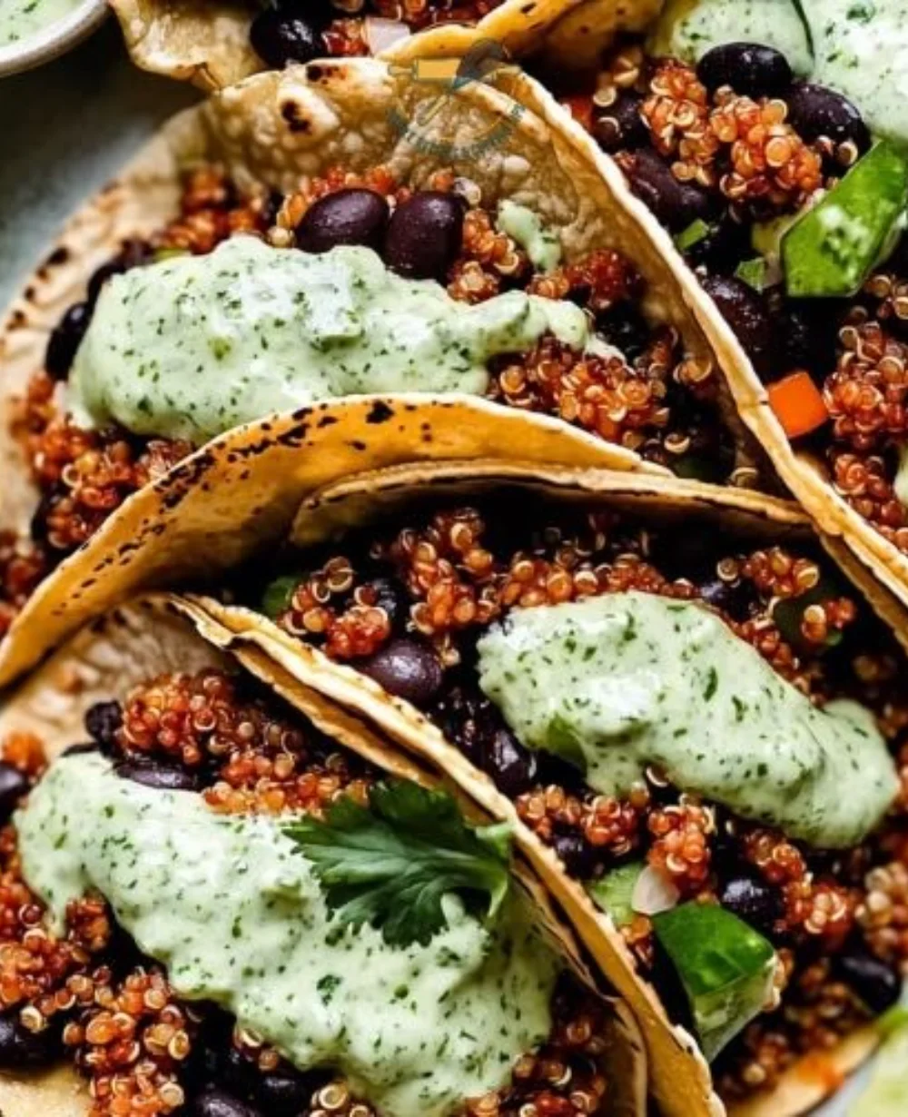 Colorful quinoa black bean tacos served on a plate with fresh toppings
