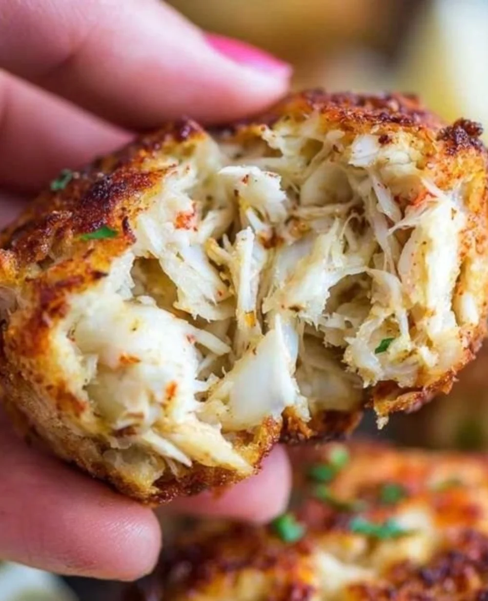 Delicious Rustic Baked Old Bay Crab Cakes served on a plate with herbs.