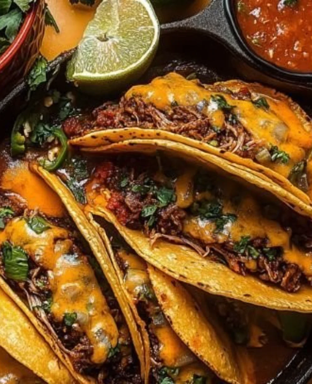 Delicious savory Birria Tacos served on a plate with garnishes