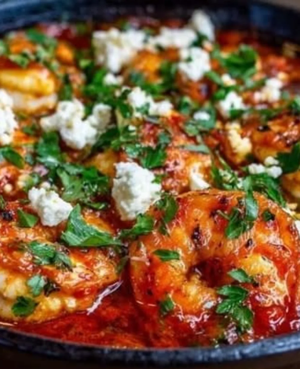 A delicious plate of Shrimp Saganaki with shrimp, tomatoes, and feta cheese.