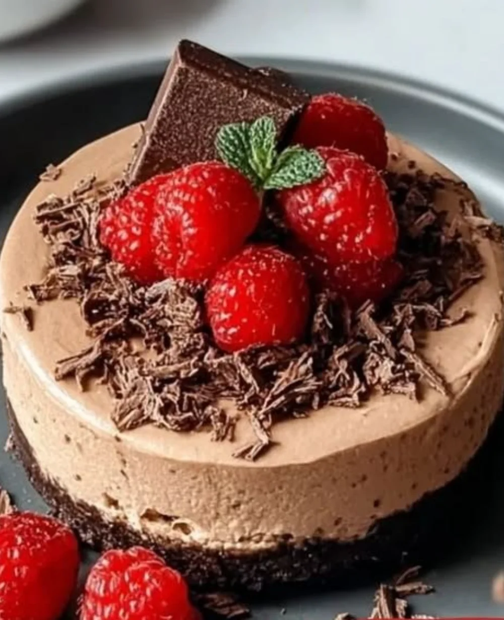 Deliciously smooth Chocolate Mousse Cake topped with whipped cream and chocolate shavings
