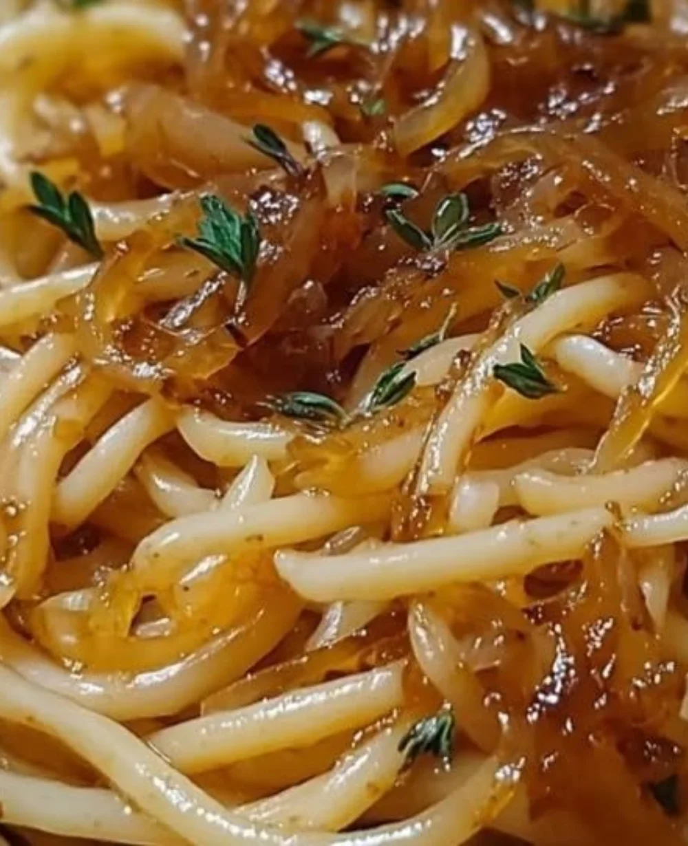 Bowl of silky creamy caramelized onion pasta topped with herbs and cheese