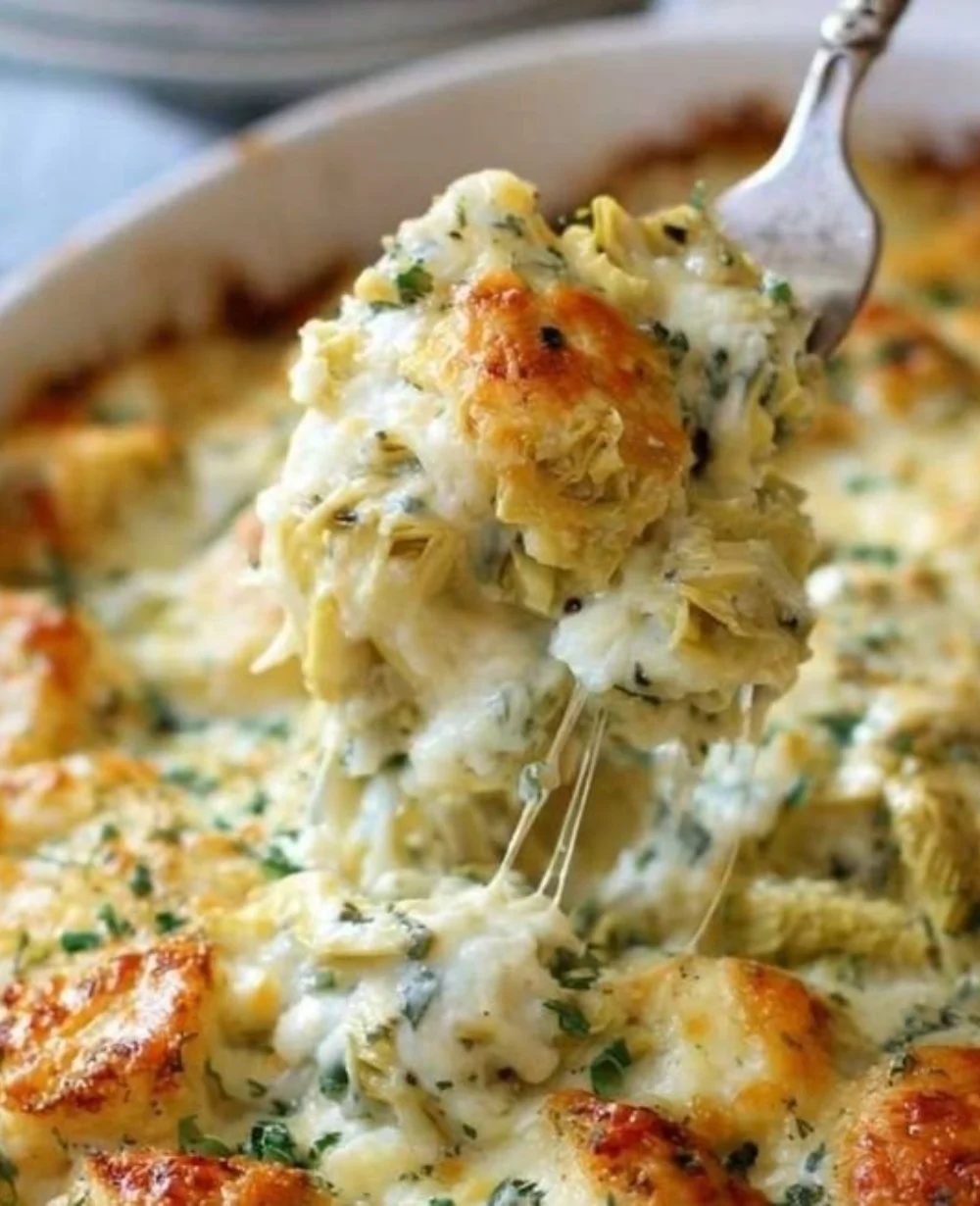 Baked chicken artichoke casserole in a baking dish, ready to serve.