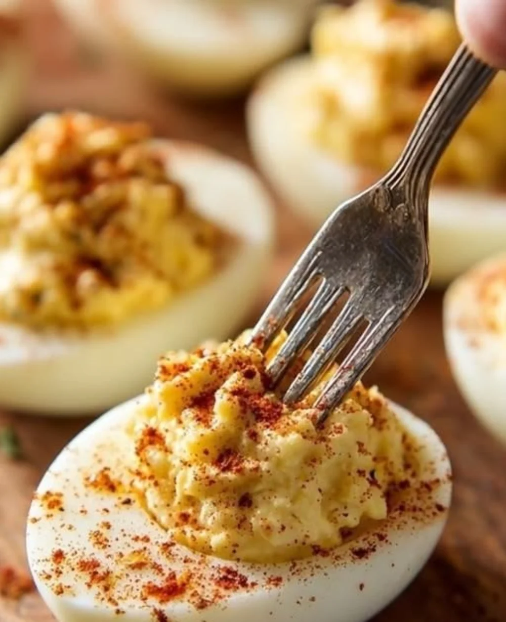 A plate of simple deviled eggs garnished with paprika and chives.