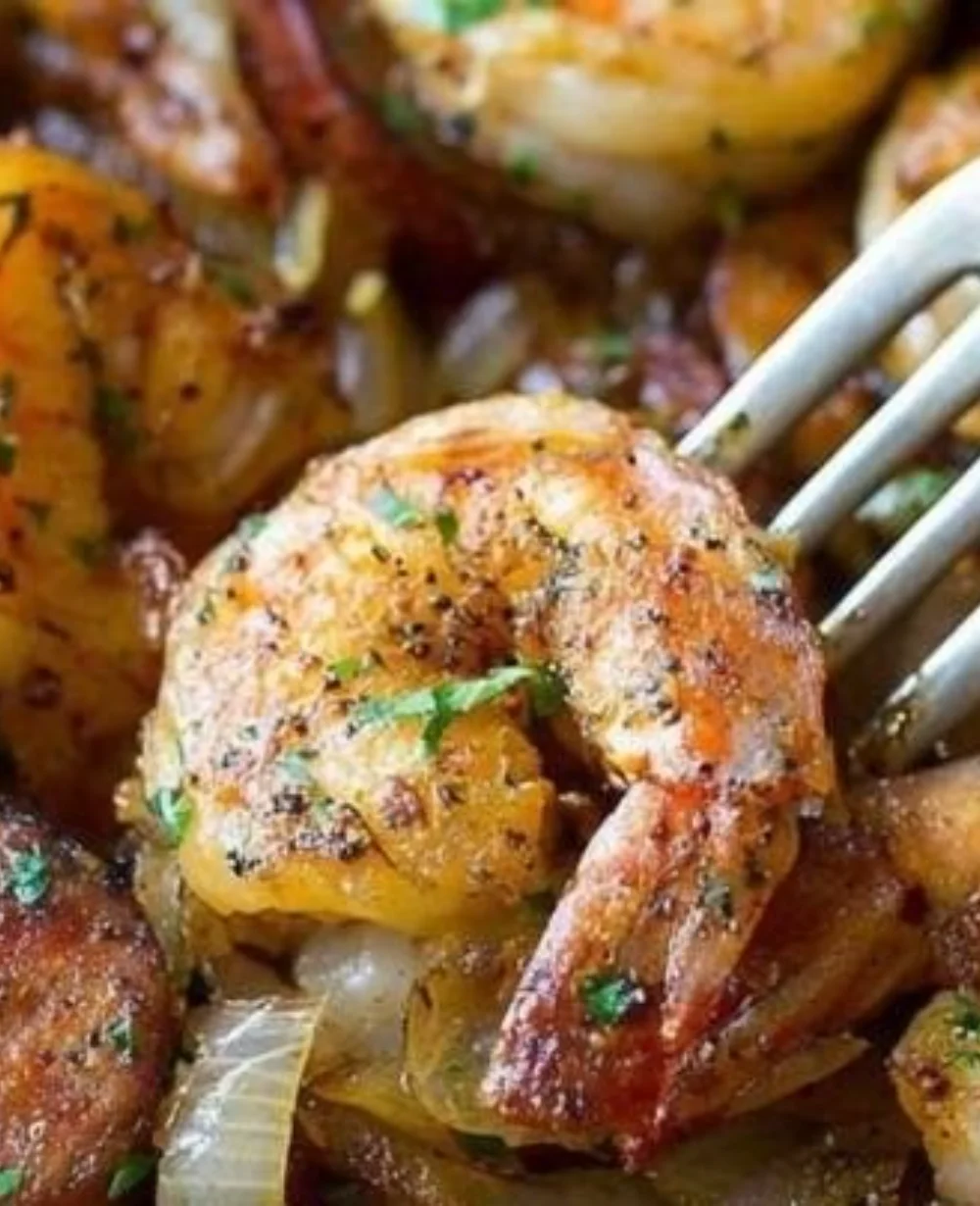 Delicious spicy shrimp andouille sausage dish cooked in a pan with vibrant spices