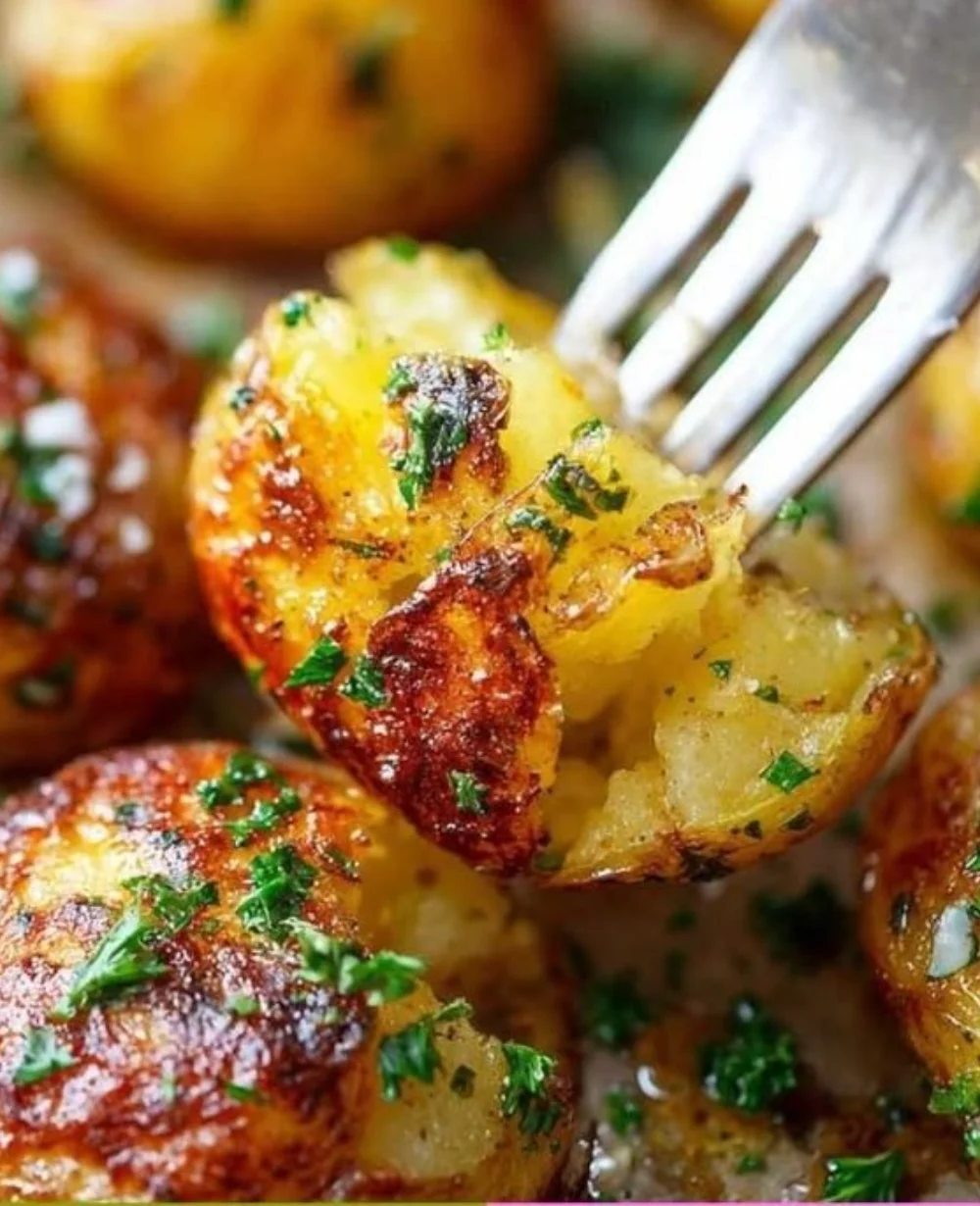 Delicious smashed crispy potatoes served on a plate with herbs.