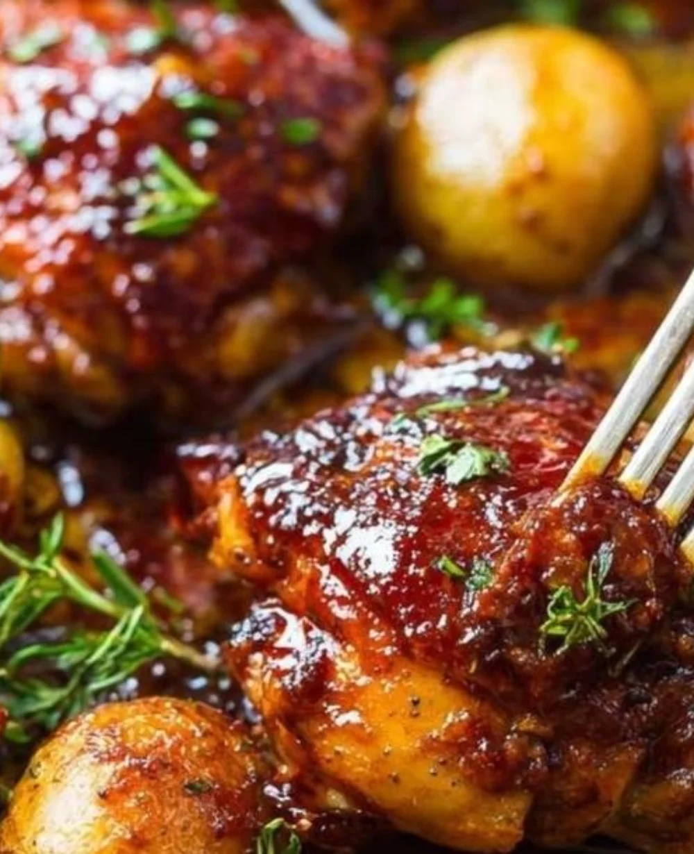 Smoky BBQ chicken and potatoes in a cozy one-pan meal.