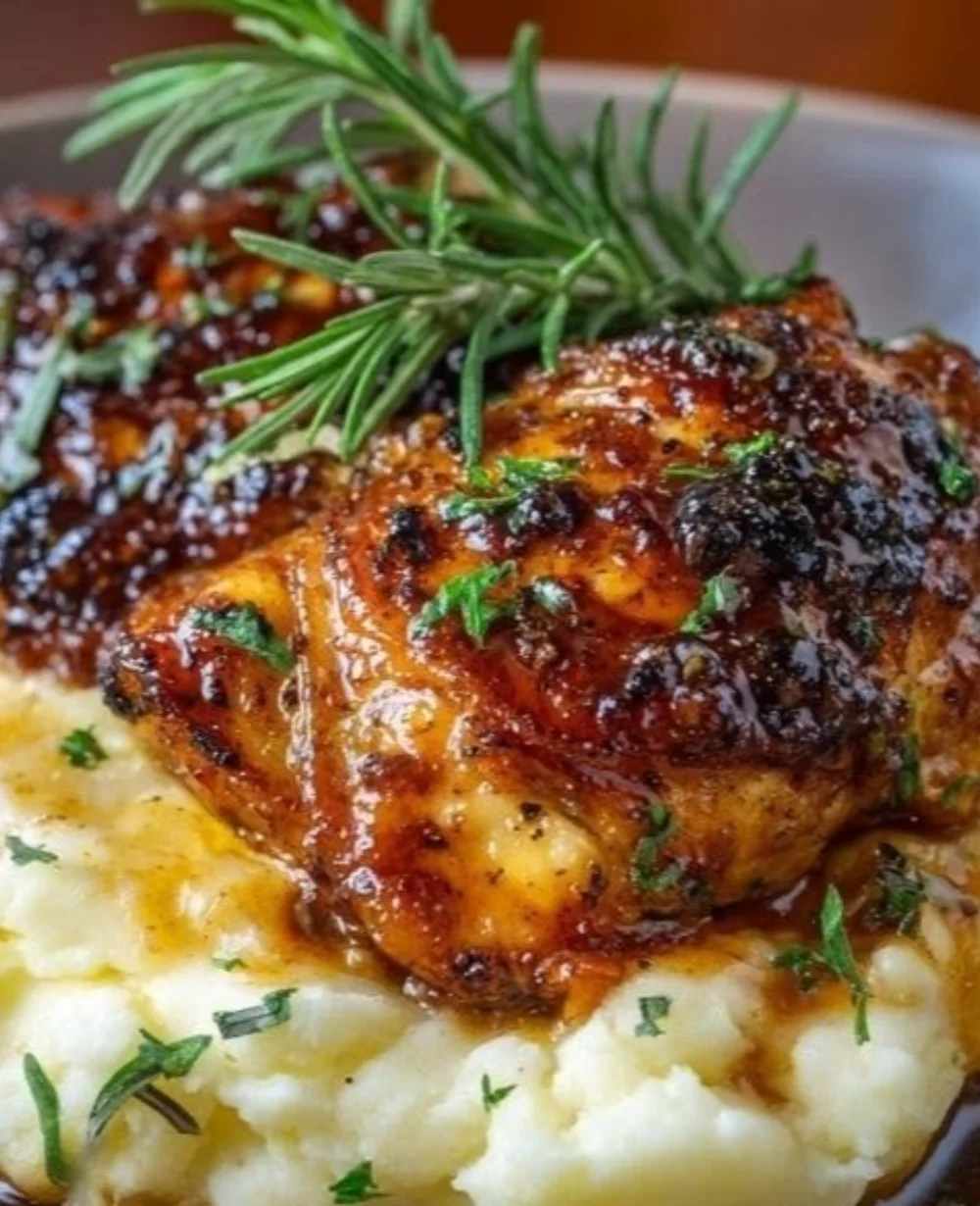 Smoky Chipotle Honey Chicken thighs served with creamy smoked gouda mashed potatoes