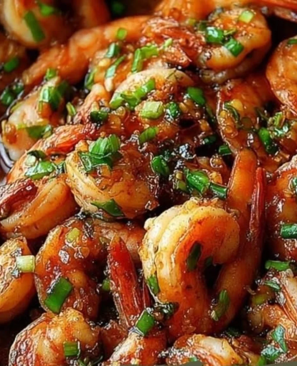 Plate of Spanish Garlic Shrimp garnished with parsley and served with crusty bread.