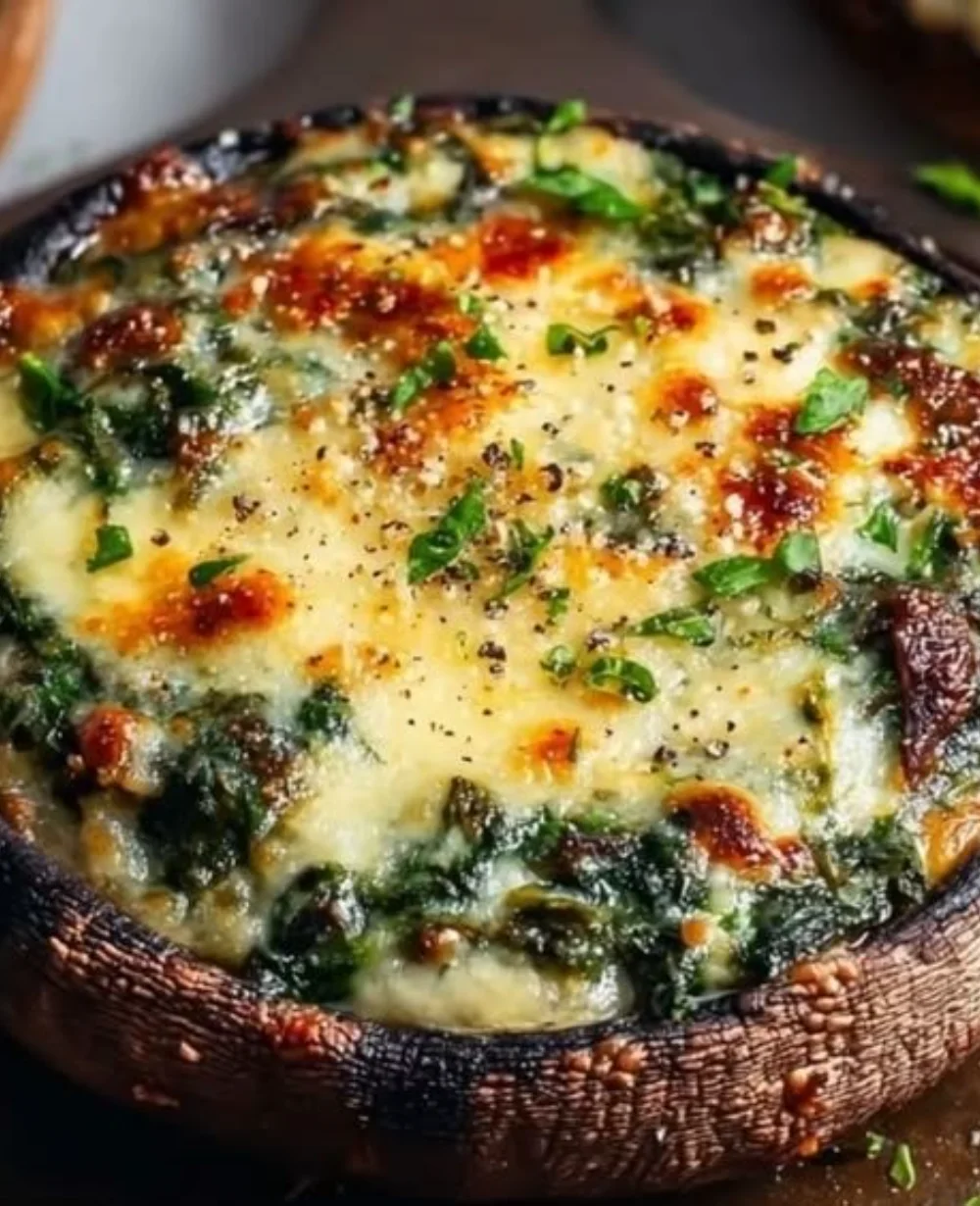 Spinach and cheese stuffed portobello mushrooms prepared for a healthy meal.