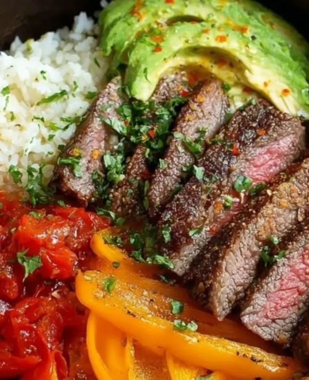 Delicious steak fajita bowl with tender steak and fresh vegetables.