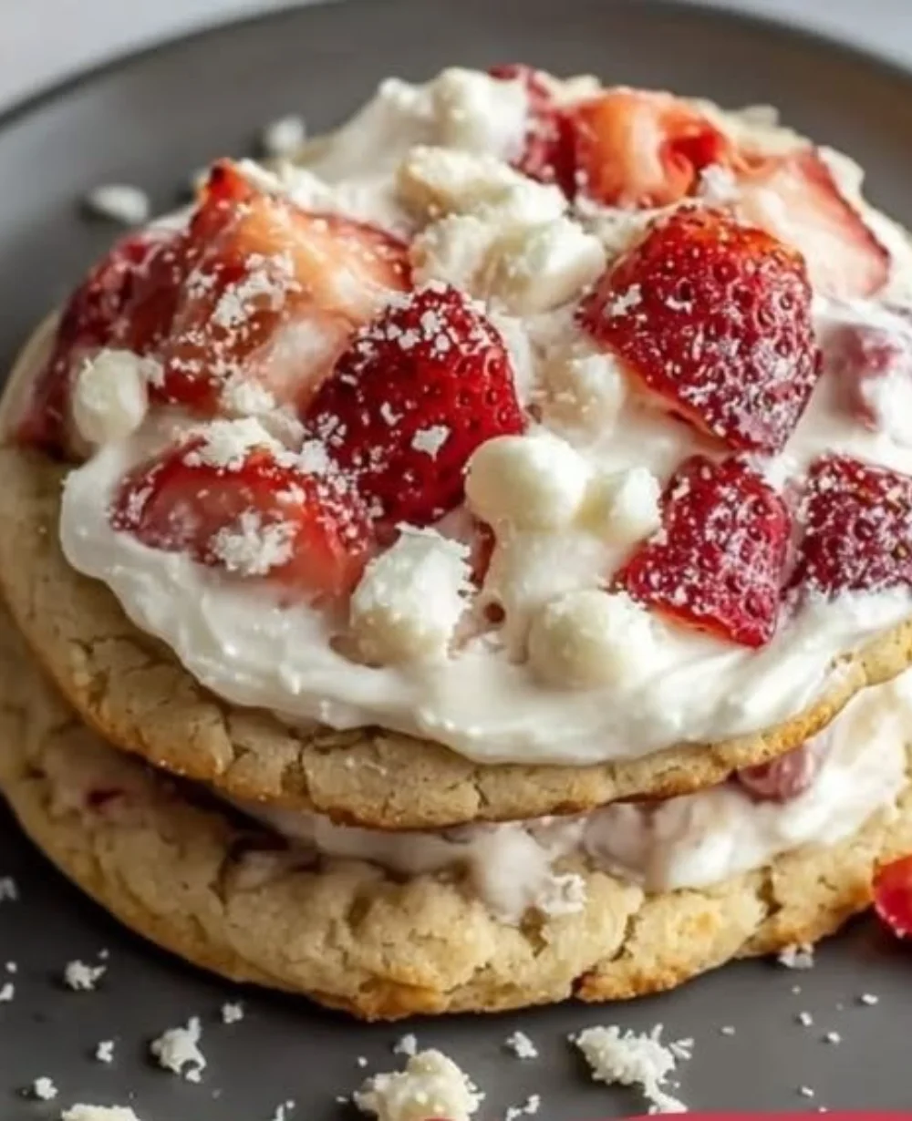 Freshly baked Strawberry Cheesecake Cookies with a rich cream cheese topping.