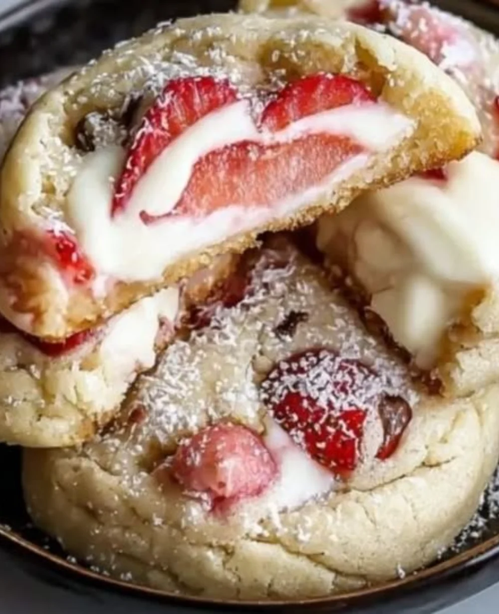 Delicious strawberry cheesecake filled cookies with creamy center and fresh strawberries.