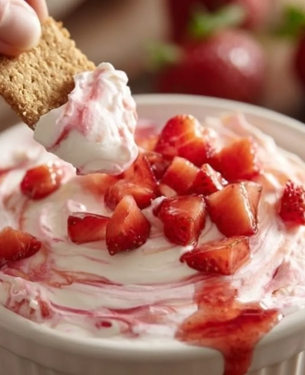 Delicious strawberry dip served with fresh strawberries.