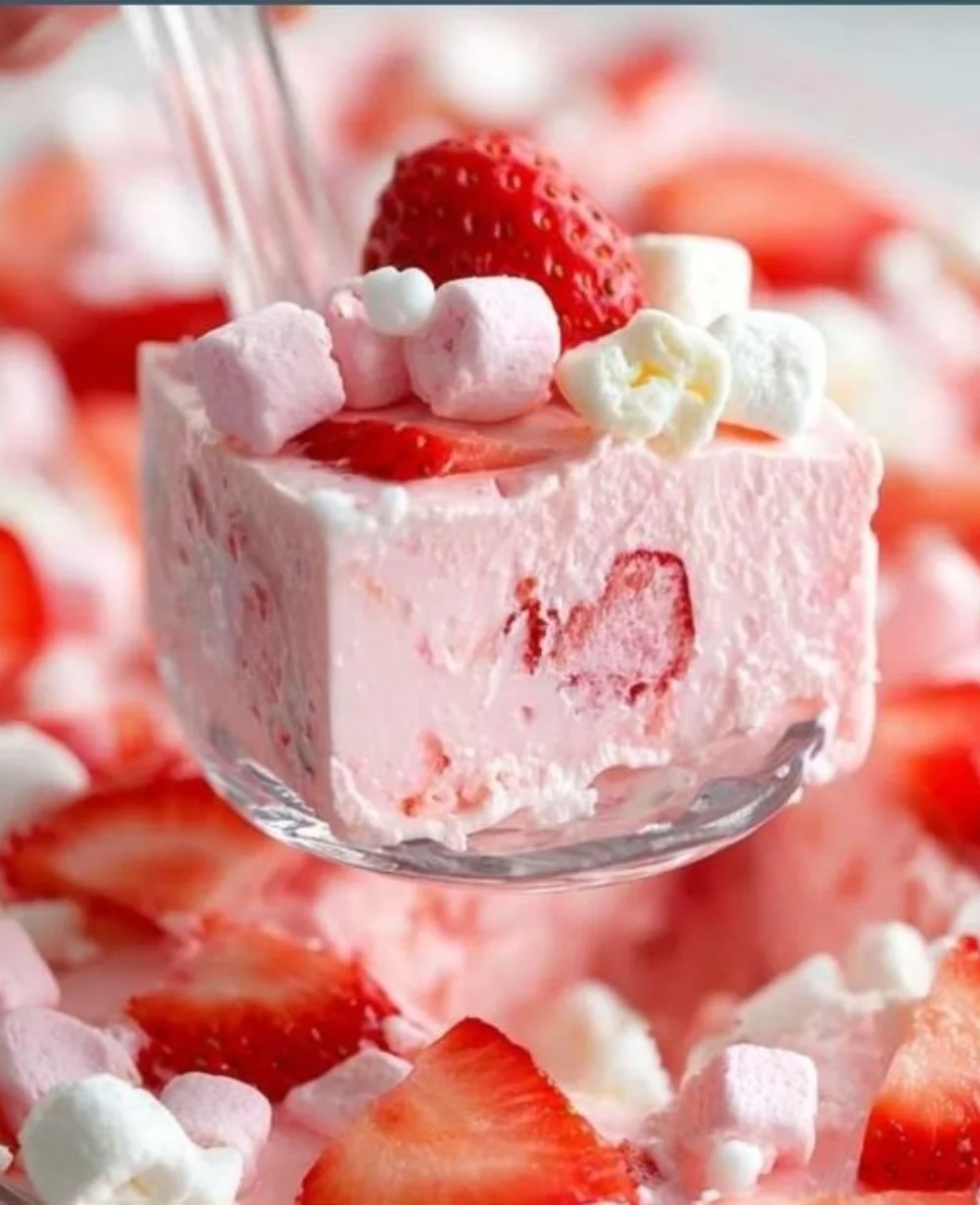 Delicious Strawberry Jello Salad served in a bowl with fresh strawberries