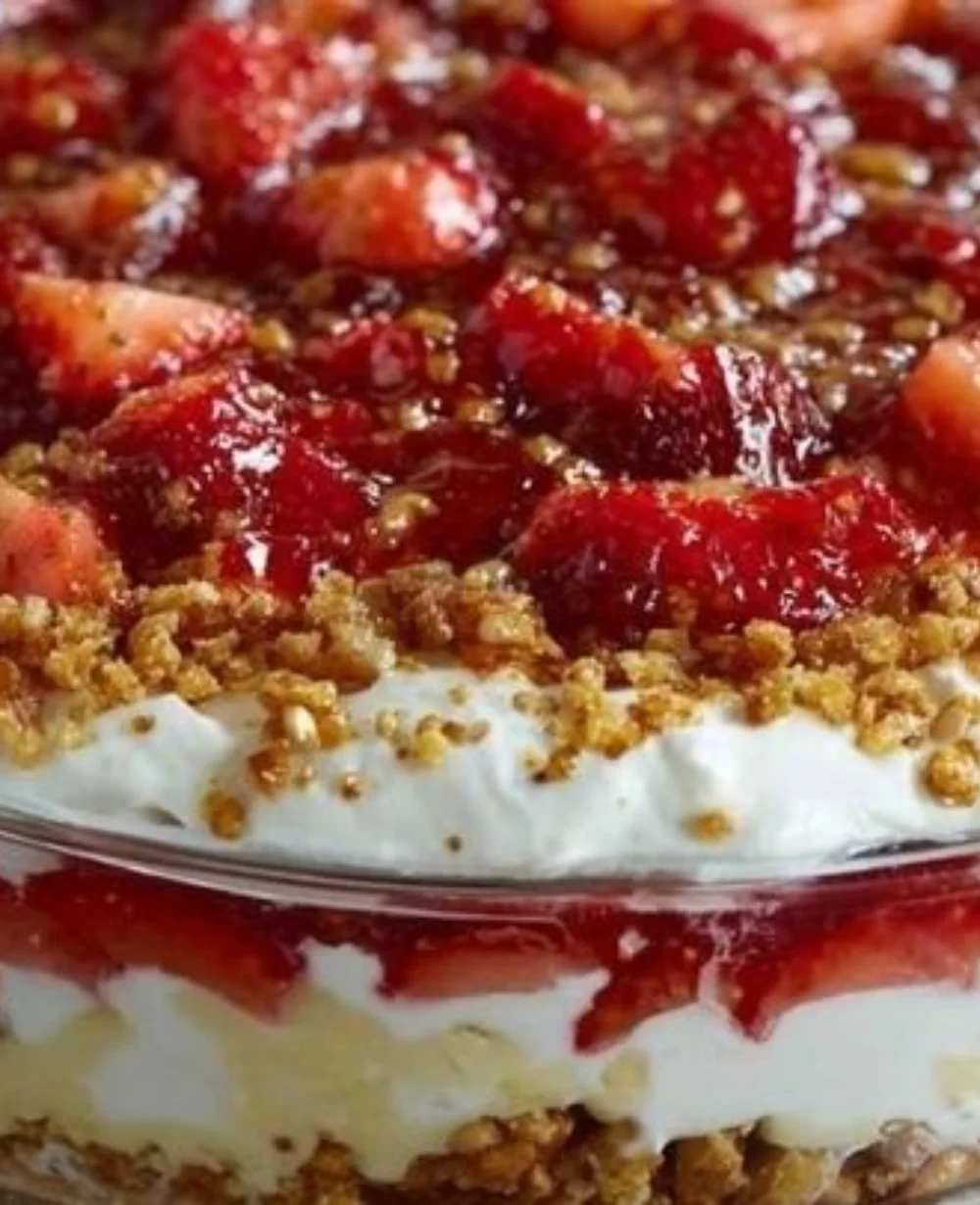 Strawberry Pretzel Salad Dip in a bowl, topped with fresh strawberries.