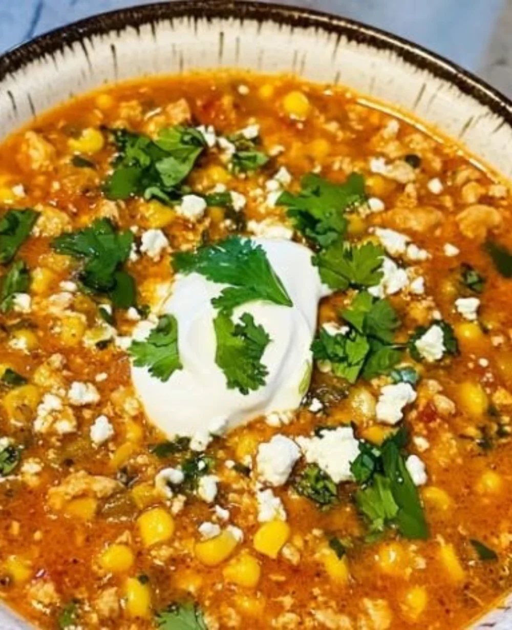 Delicious Street Corn Chicken Chili with smoky chicken, corn, and lime in a pot
