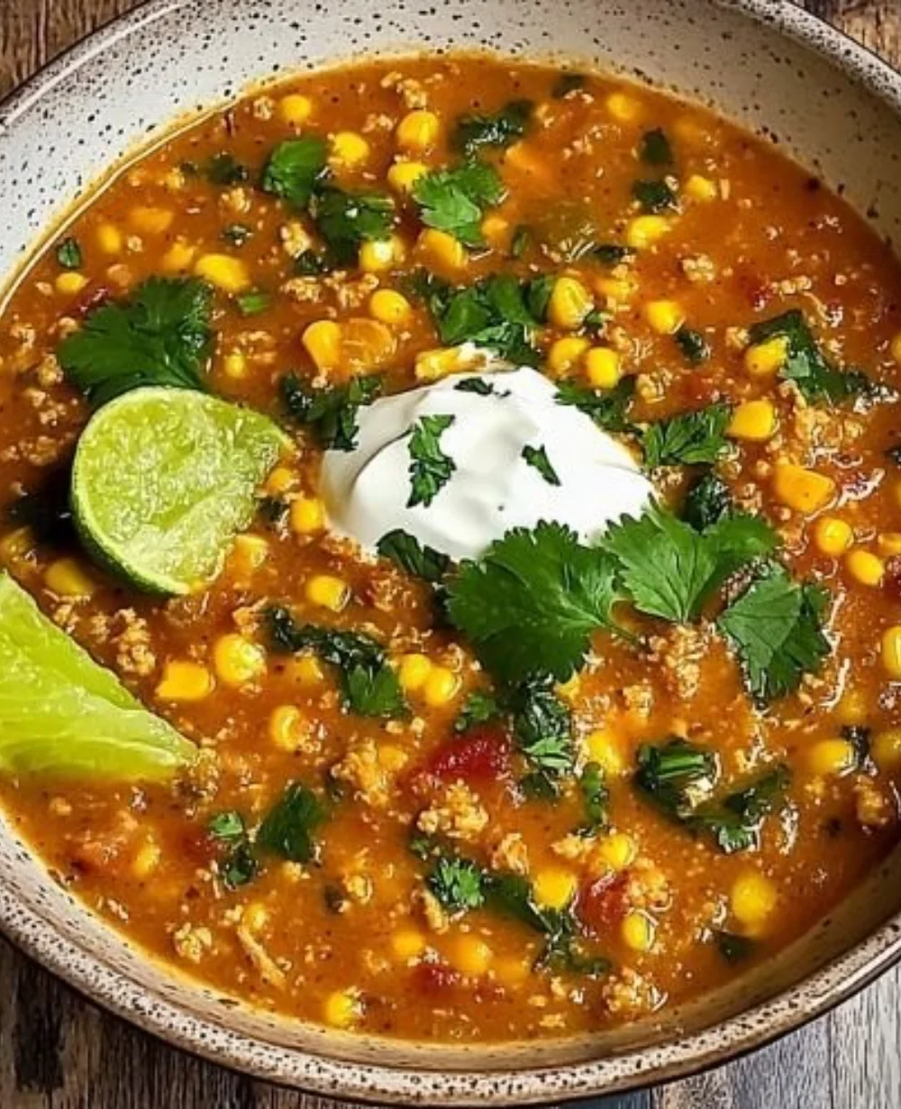 Bowl of street corn chicken chili topped with fresh cilantro and corn