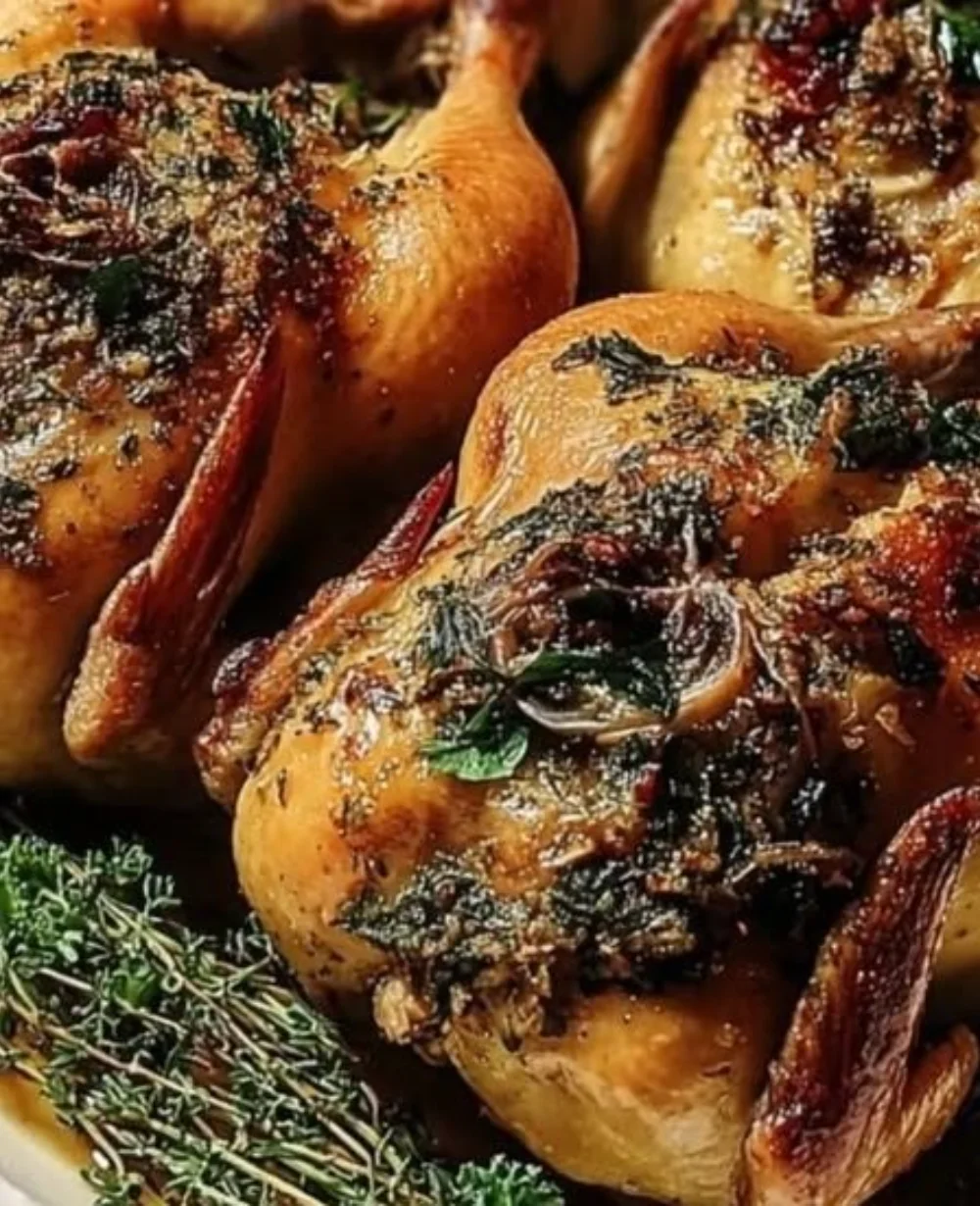 Stuffed Cornish game hens ready to serve on a festive dinner table.