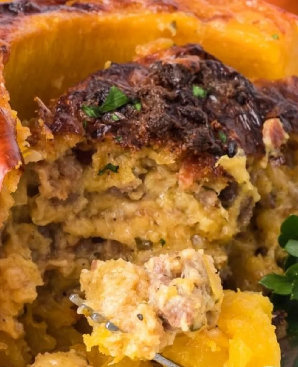 Delicious stuffed pumpkin filled with savory ingredients and herbs