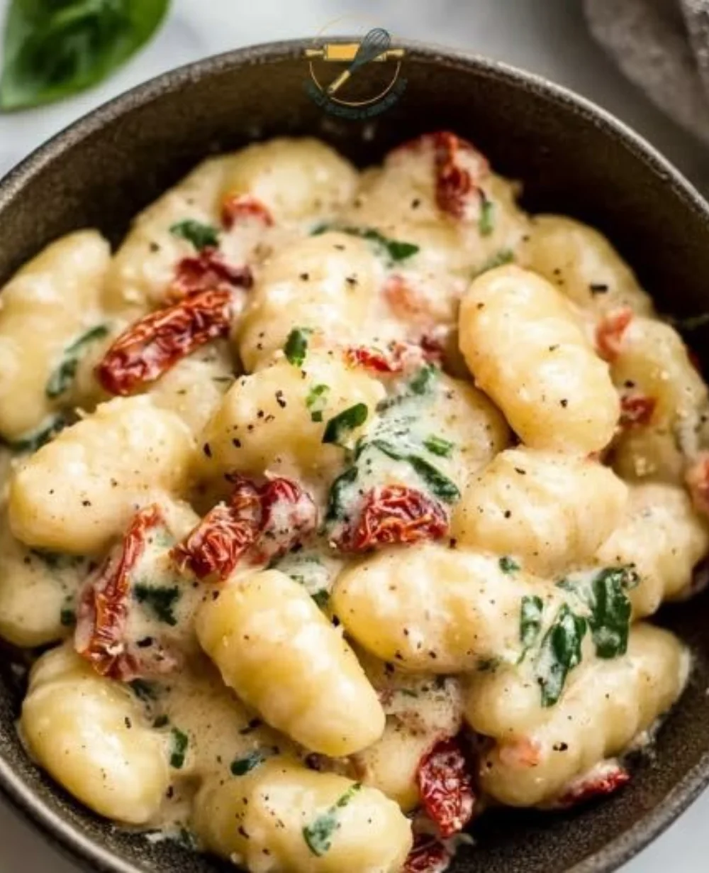 Delicious sun-dried tomato and basil gnocchi served on a rustic plate