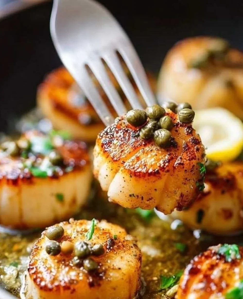 Delicious sun-kissed brown butter pan-seared scallops with lemon garnish