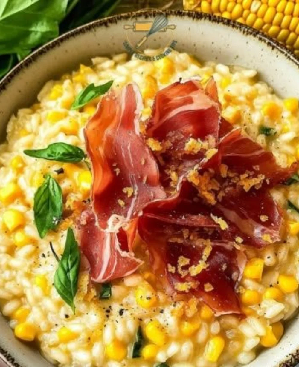 Creamy sweet corn risotto served in a cozy bowl, topped with fresh herbs.