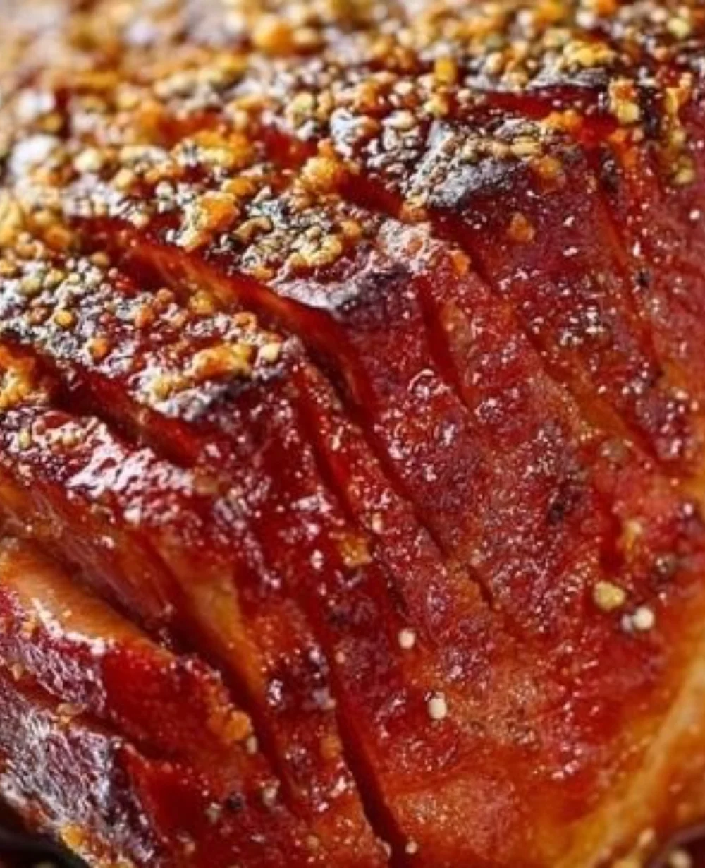 Delicious honey baked ham with a sweet golden glaze ready to serve