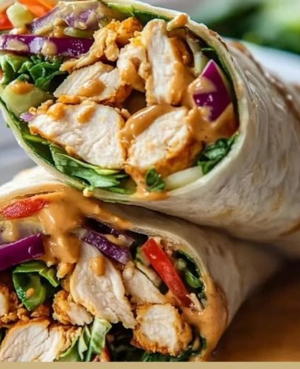 Thai peanut chicken wraps with fresh vegetables and creamy sauce