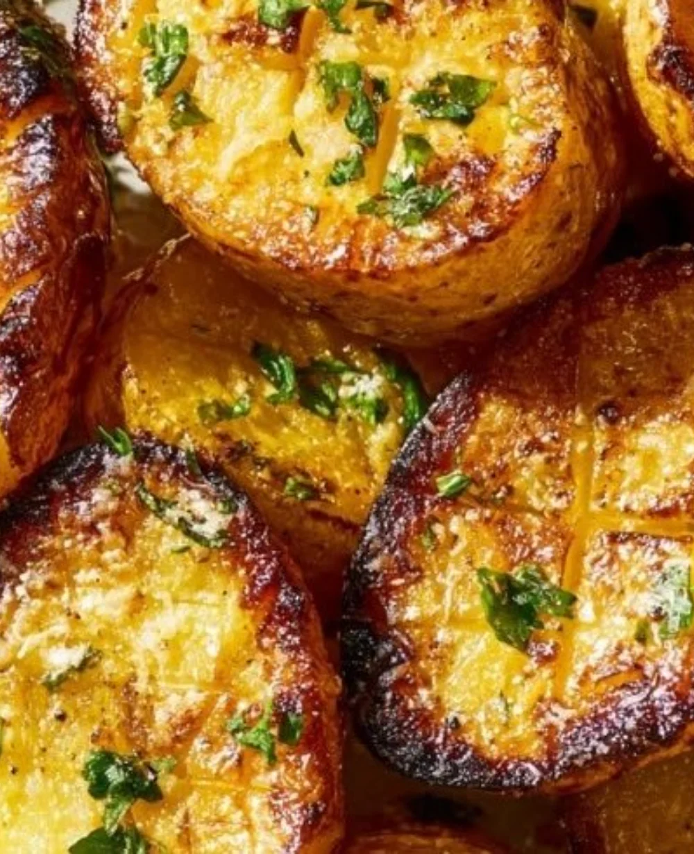 Plate of crispy Parmesan crusted roasted potatoes garnished with herbs