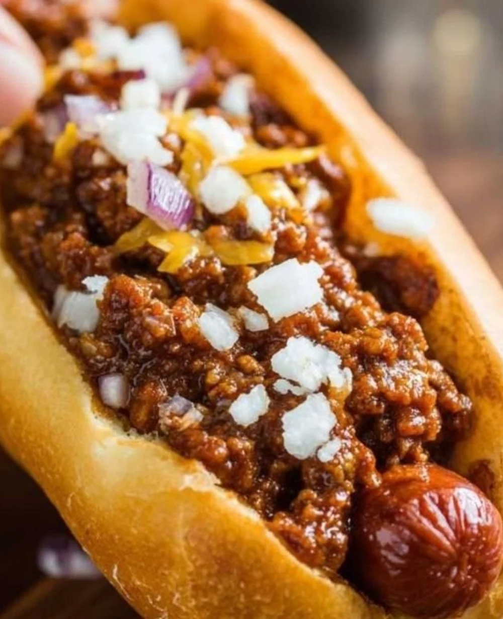 Delicious homemade chili dogs topped with savory chili and fresh garnishes