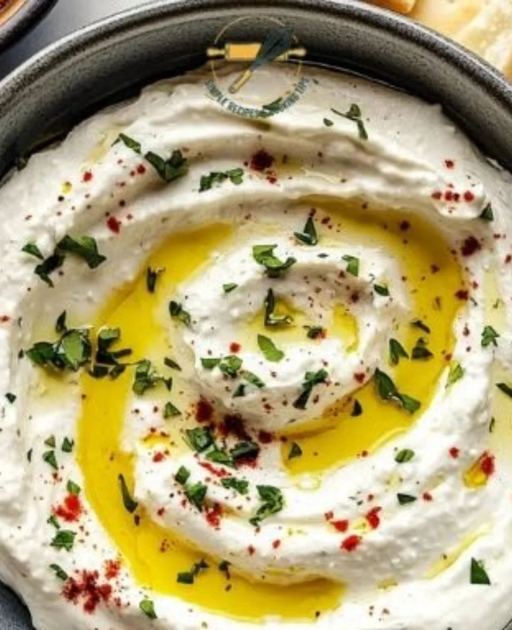 A bowl of whipped feta dip served with fresh vegetables and pita bread.